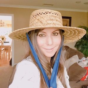 Straw sun hat with blue ribbon tie